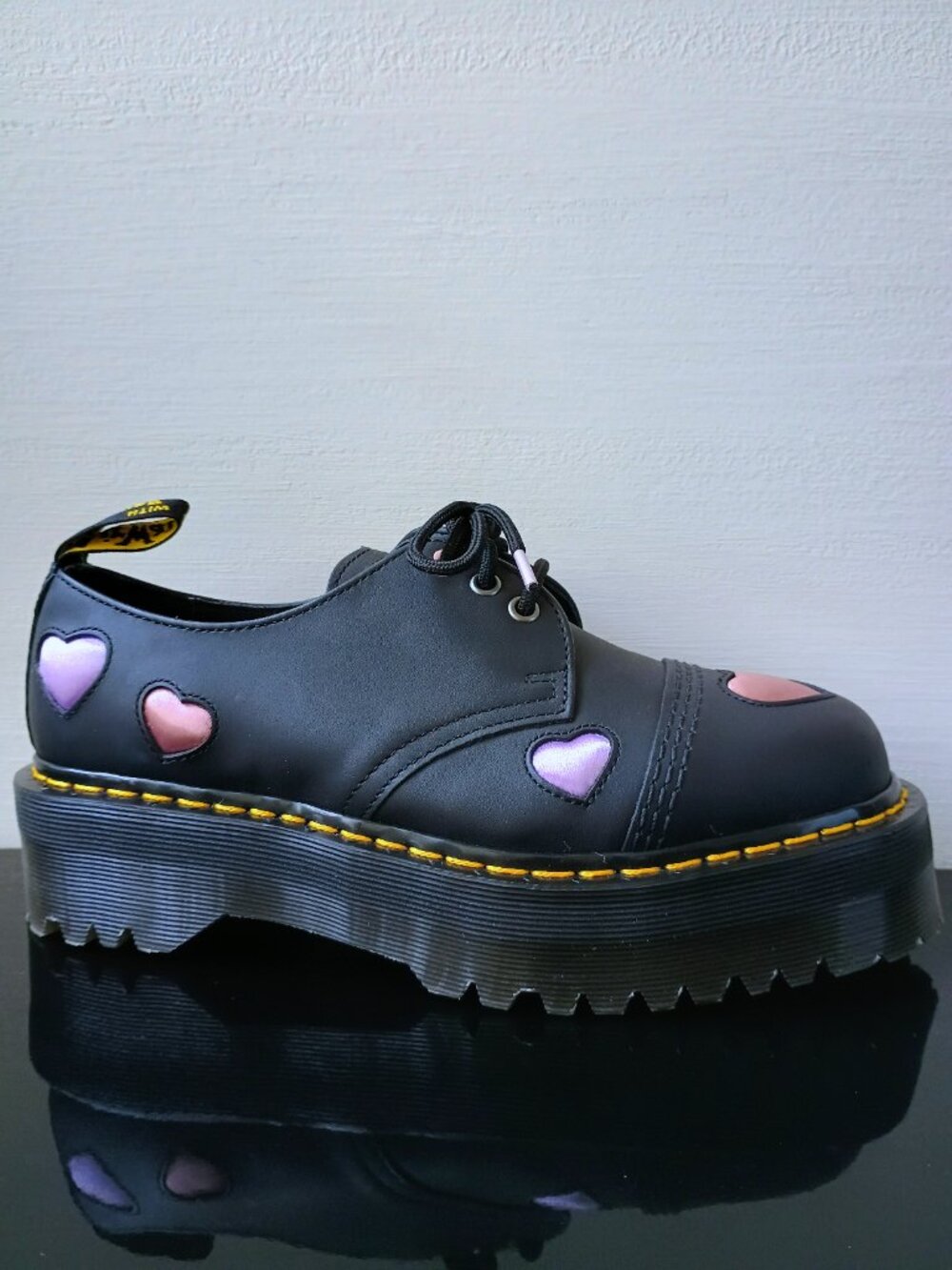 Dr. Martens Women's 1461 Quad Heart Leather Platform Derby in Black Lapstone